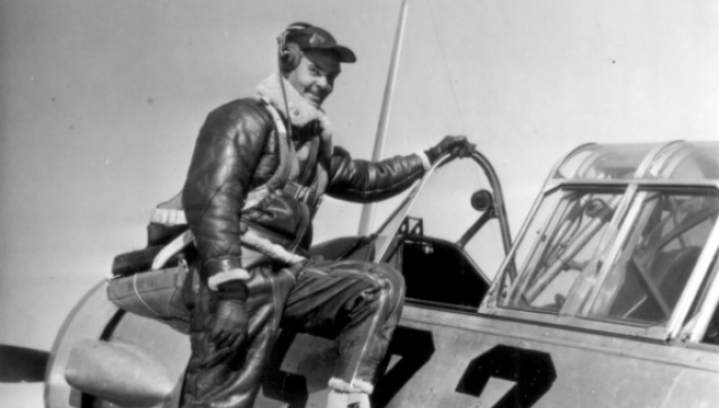 Capt. Benjamin Oliver Davis, Jr., of Washington, D.C., climbing into an Advanced Trainer. Tuskegee, Alabama. January 1942. Source: Wikimedia Commons