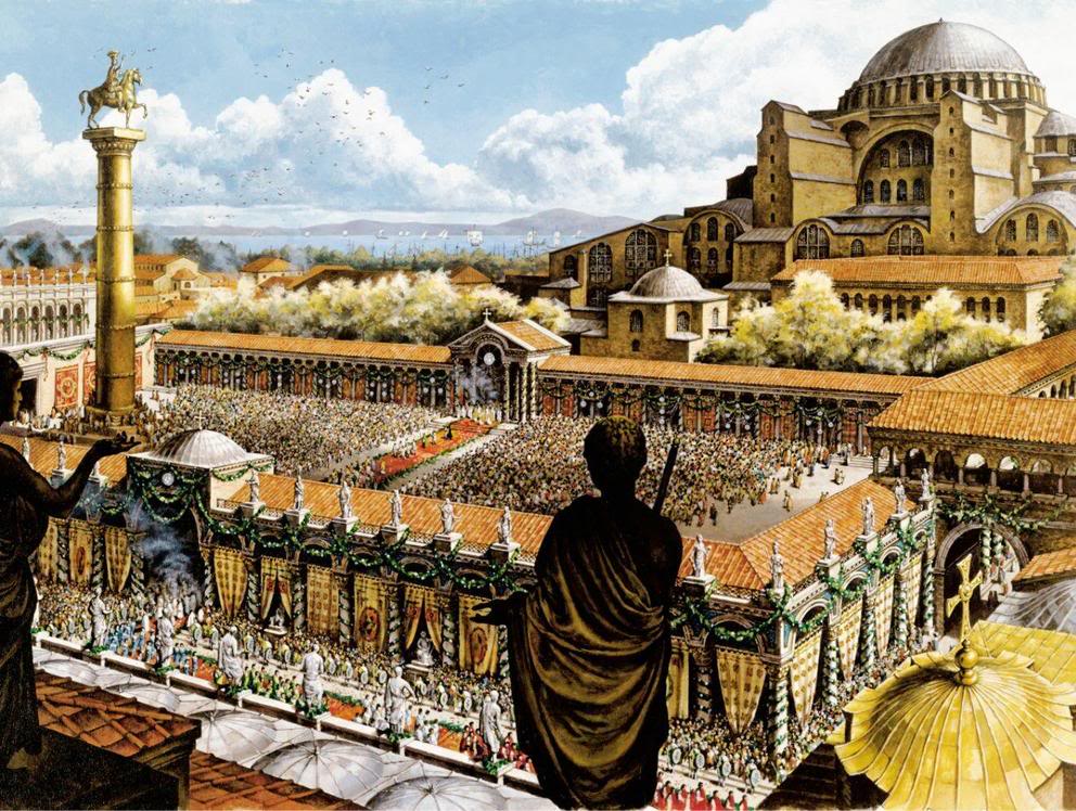 An artistic reconstruction of Constantinople in Late Antiquity (following Constantine's establishment of Byzantion as the Roman capital, renamed in his honor).
