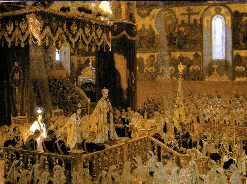 This portrait by Baketti depicts the presentation of the crowned Emperor and Empress to the people for their acclamation as sovereign monarch and consort of the Russian Empire. While Peter I had transferred the imperial capital to St Petersburg, all coronations were held, by tradition, in the ancient Uspenskiy Sobor (Cathedral of the Dormition of the Virgin Mary) in the Moscow Kremlin. To Alexandra's right, slightly behind the imperial couple on the dais, is Nicholas mother, the Dowager Empress Maria Feodorovna, sister of Alexandra, the Princess of Wales and future Queen consort of the United Kingdom.  